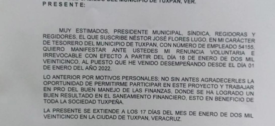 Renuncia el tesorero municipal de Tuxpan