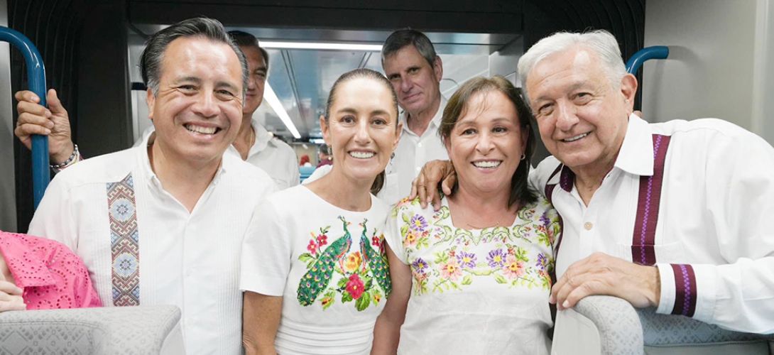 Nahle viaja con AMLO y Sheinbaum en recorrido inaugural del Tren Maya